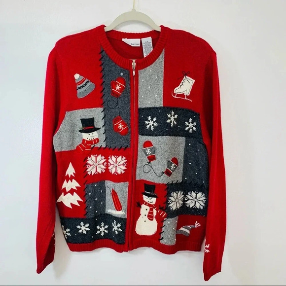 Croft Barrow Novelty Holiday Red Cardigan Large Full Zip  Large  Snowman Mittons - Picture 1 of 11